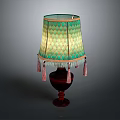 Vintage Table Lamp With Green Yellow Geometric Lampshade And Pink Tassels Dark Red Wooden Base