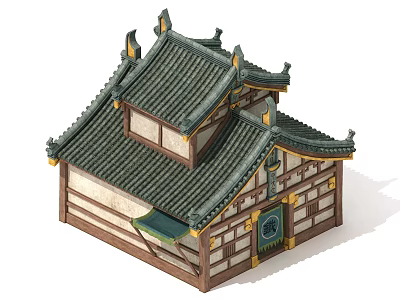 Ancient Chinese Architecture With Tiled Roof Overhanging Eaves And Wooden Carvings 3d model