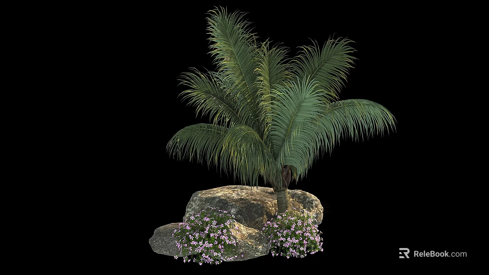 Purple Flowering Shrub With Palm Tree And Rocks In Garden Setting 3d model 