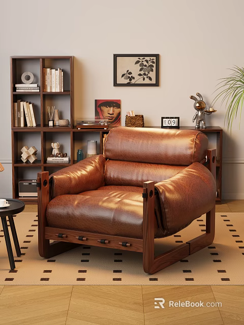 Brown Leather Single Sofa in Living Room with Wooden Frame Bookshelf Decorative Painting Potted Plant 3d model 