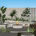 Modern Garden Landscape With White Walls Lattice Wall Fire Pit Green Plants And Wooden Deck