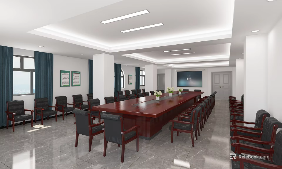 Modern Conference Room Interior Featuring Long Table Chairs Ceiling Lights And Large Screen 3d model