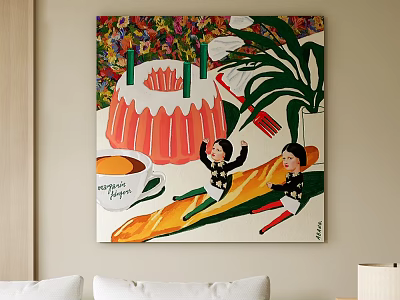 Abstract Painting With Colorful Flowers Pink Jelly Coffee Cup Bread And Two Children 3d model
