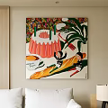 Abstract Painting With Colorful Flowers Pink Jelly Coffee Cup Bread And Two Children