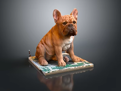 Brown French Bulldog Sitting On Platform With Green And White Patterns 3d model