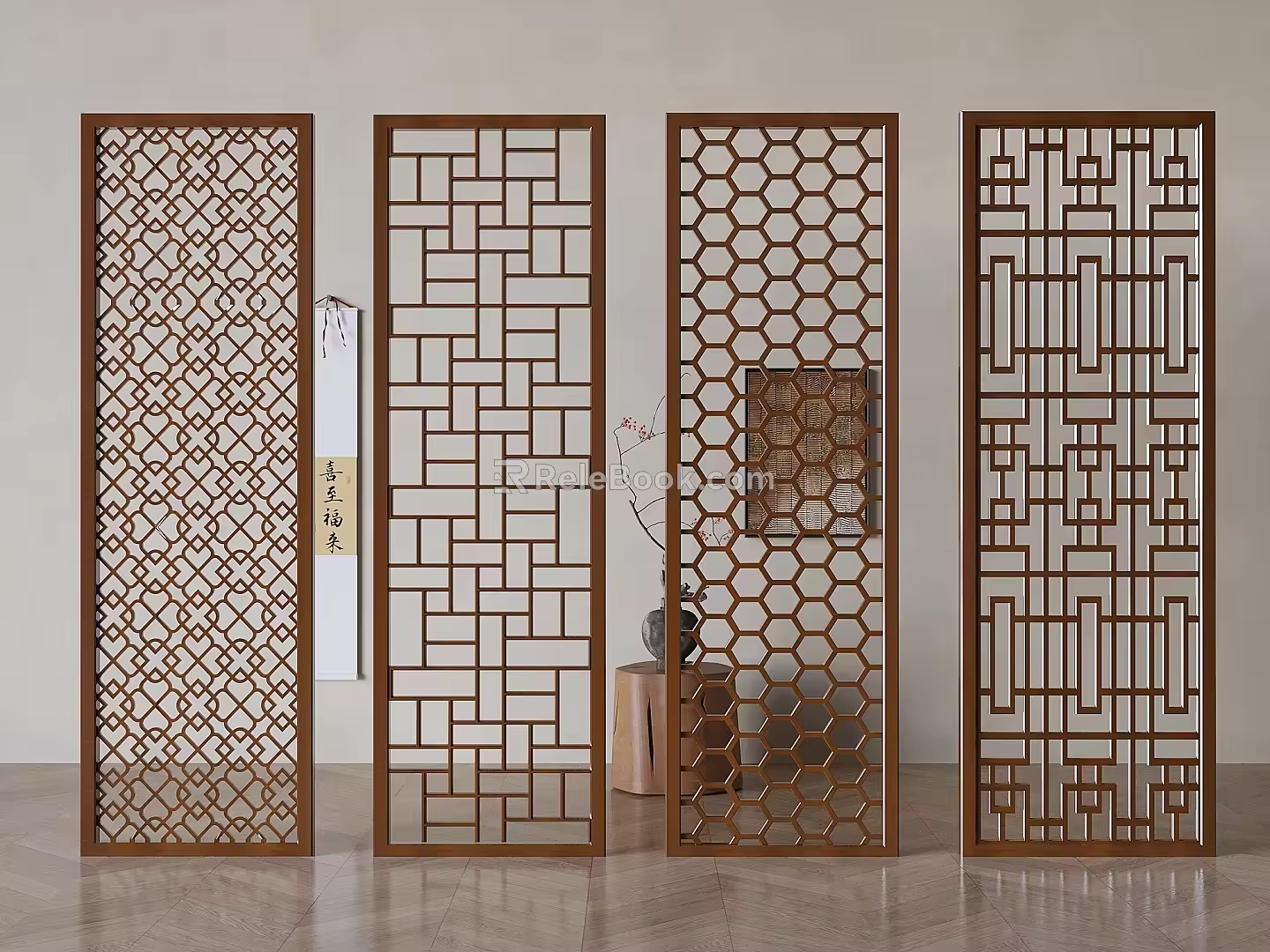 Chinese-style Lattice Hallway Partition Solid Wood Hollow-out Carved Screen New Chinese-style Screen 3d model