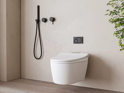 Modern Wall Mounted White Toilet In Bathroom With Black Fixtures And Light Wall 3d model