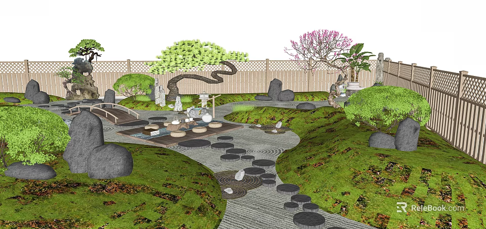 Traditional Karesansui Garden Design With Stepping Stones Mossy Path And Wooden Bridge 3d model 
