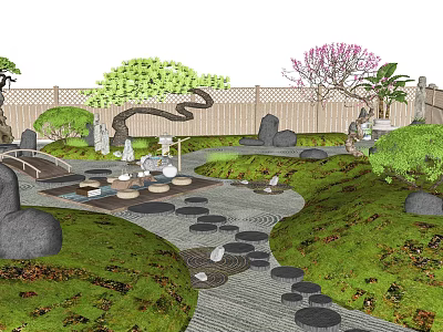 Traditional Karesansui Garden Design With Stepping Stones Mossy Path And Wooden Bridge 3d model