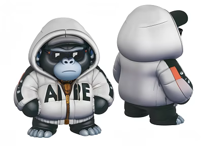 White Hooded Jacket Gorilla Doll Featuring ALIVE Front Black Sleeves Orange Accents Back View 3d model
