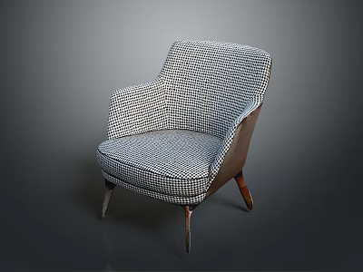 Single Sofa with Blue and White Checkered Fabric Armrest and Wooden Legs 3d model