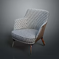Single Sofa with Blue and White Checkered Fabric Armrest and Wooden Legs