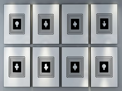 Eight Square Decorative Panels With Black Vase Pattern And Concentric Circles 3d model
