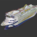 Modern Cruise Ship With White And Blue Hull Black Chimney Multiple Decks And Orange Lifeboats