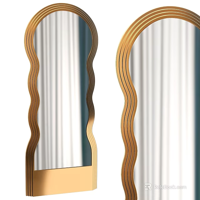 Pair of Decorative Gold Mirrors With Wavy Frame Design Reflecting White Curtains And Blue 3d model 