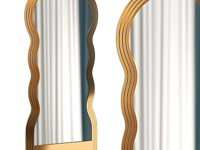 Pair of Decorative Gold Mirrors With Wavy Frame Design Reflecting White Curtains And Blue 3d model