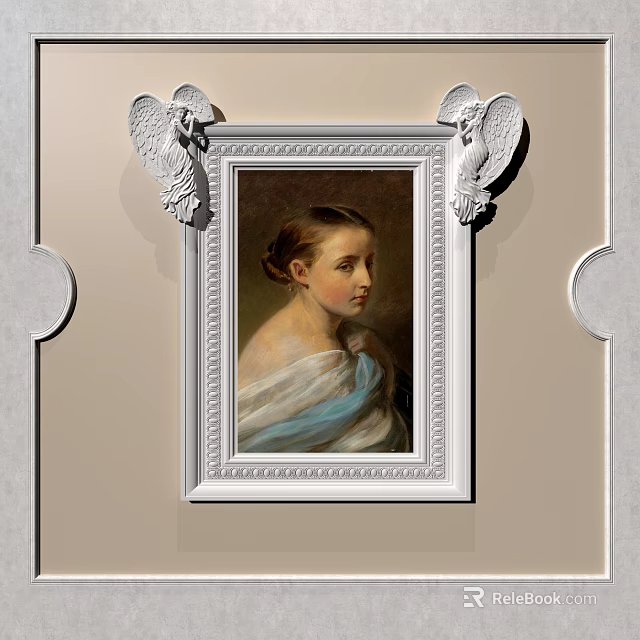 Oil Painting Female Portrait In Silver Frame With Carved Wings White Blue Cloak Brown Background 3d model 