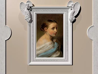 Oil Painting Female Portrait In Silver Frame With Carved Wings White Blue Cloak Brown Background 3d model