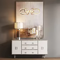 White Entryway Console Cabinet with Drawers Metal Handles Table Lamp and Candles on Dark Wall