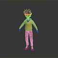 3D Cartoon Character With Spiky Black Hair Glasses Yellow Shirt Red Pants Blue Shoes