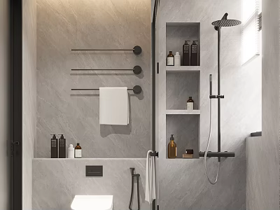 Modern Bathroom Interior With Gray Tile Walls Shower Fixture Towel Rack Shelves Toiletries And Toilet 3d model