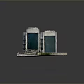 Two Air Conditioning Outdoor Units With Green Panels And Top Cooling Grilles On Platform