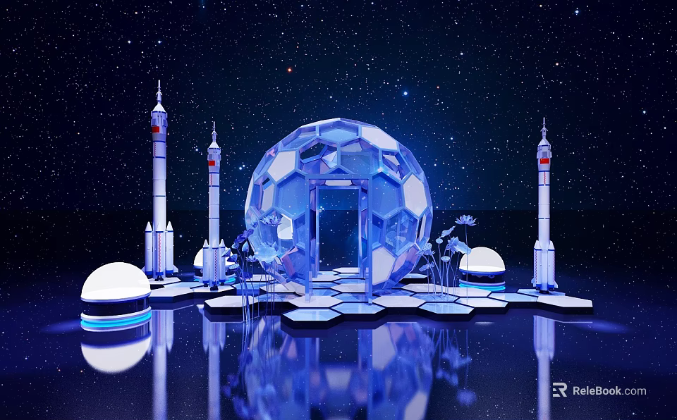 Starry Sky Themed Photo Spot With Transparent Spherical Structure And Rocket Models Reflective Floor 3d model 