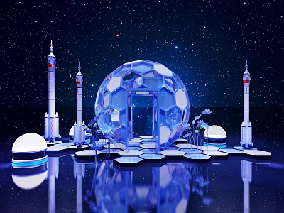 Starry Sky Themed Photo Spot With Transparent Spherical Structure And Rocket Models Reflective Floor 3d model