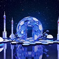 Starry Sky Themed Photo Spot With Transparent Spherical Structure And Rocket Models Reflective Floor