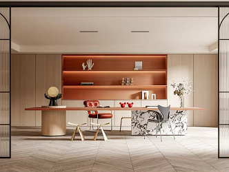 Modern study sliding door study desk and chair combination bookshelf office chair glass grille sliding door 3d model