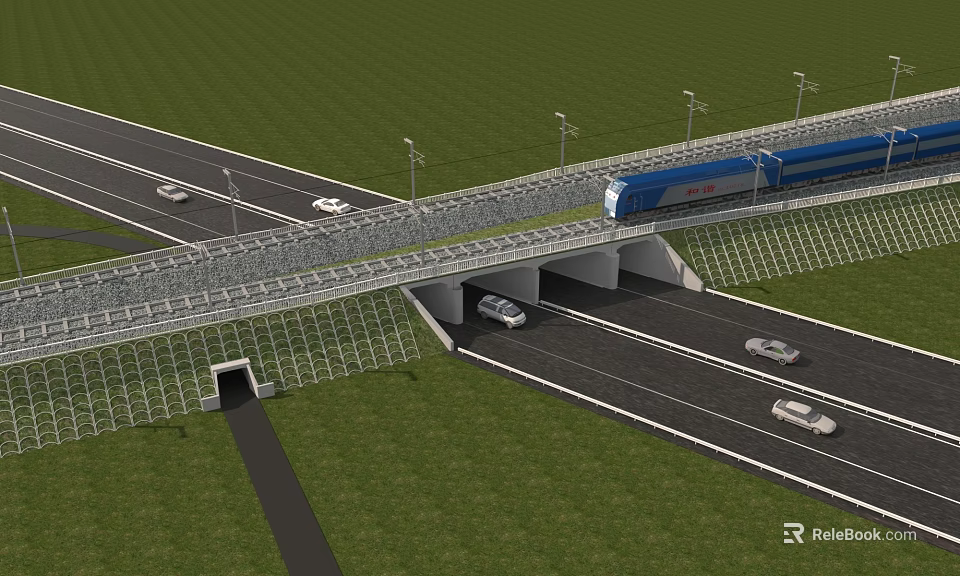 Modern Road Infrastructure with Train Bridge Vehicles Streetlights and Grassland 3d model 
