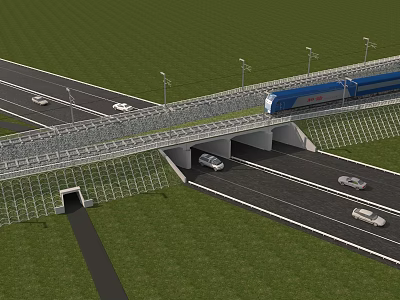 Modern Road Infrastructure with Train Bridge Vehicles Streetlights and Grassland 3d model