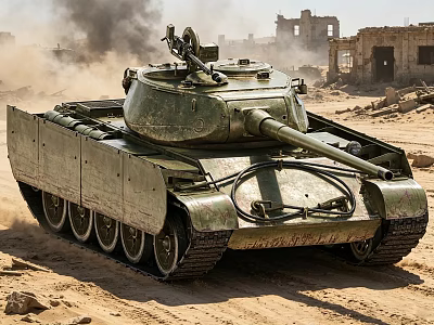 Military Tank Moving Through Desert Terrain With Smoke And Ruined Buildings 3d model