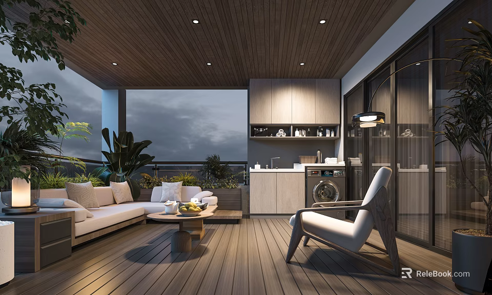Cozy Home Balcony Design With Wooden Deck Sofa Coffee Table Green Plants And Cabinets 3d model 
