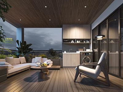Cozy Home Balcony Design With Wooden Deck Sofa Coffee Table Green Plants And Cabinets 3d model