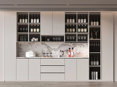 Modern Wine Cabinet Interior With White Cabinets Marble Countertop Wine Bottles Wine Glasses And Drawers 3d model