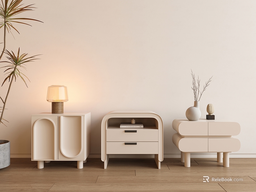 Modern Wooden Bedside Tables with Diverse Designs Lamp Vase Decor and Plant on Light Wall 3d model 
