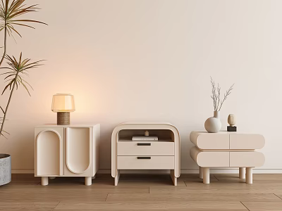 Modern Wooden Bedside Tables with Diverse Designs Lamp Vase Decor and Plant on Light Wall 3d model