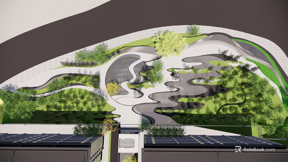 Modern Landscape Design With Curved Pathways Green Spaces And Water Features 3d model