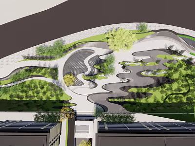 Modern Landscape Design With Curved Pathways Green Spaces And Water Features 3d model