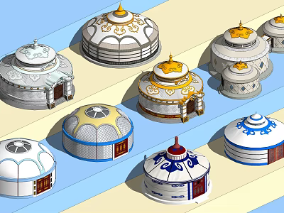 Traditional Yurts With Various Colorful Decorative Designs And Golden Tops 3d model