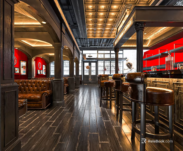 Modern Bar Interior Design With Leather Seating Brown Bar Stools Wooden Floor And Red Walls 3d model 