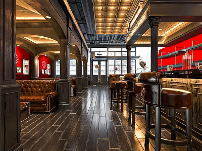 Modern Bar Interior Design With Leather Seating Brown Bar Stools Wooden Floor And Red Walls 3d model