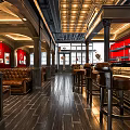 Modern Bar Interior Design With Leather Seating Brown Bar Stools Wooden Floor And Red Walls