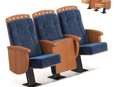 Three Connected Blue Fabric Upholstered Leisure Chairs with Wooden Armrests and Black Metal Bases 3d model