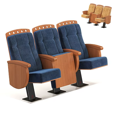Three Connected Blue Fabric Upholstered Leisure Chairs with Wooden Armrests and Black Metal Bases 3d model