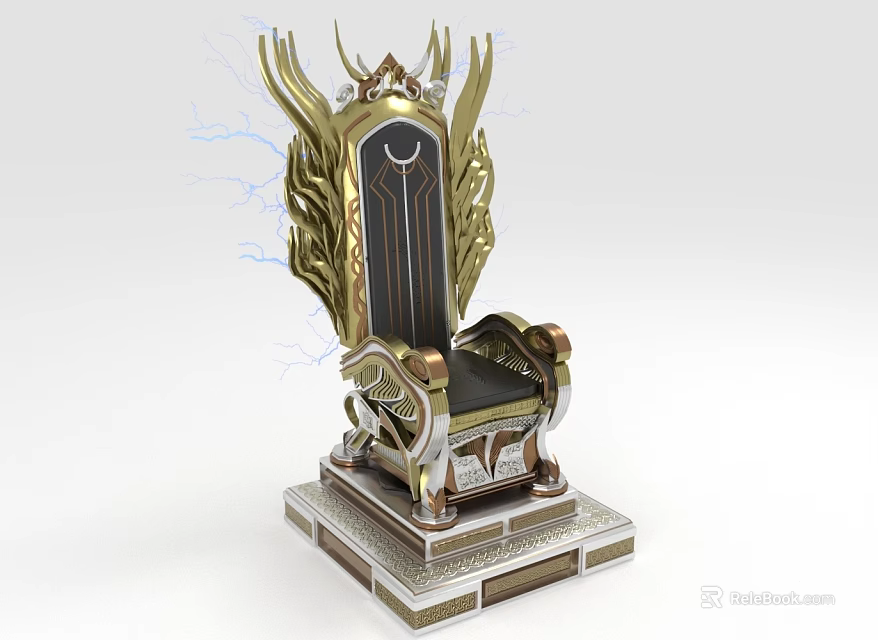 Ornate Golden Throne With Wing Shaped Armrests Black Seat And Blue Lightning Effects 3d model 