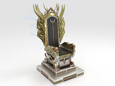 Ornate Golden Throne With Wing Shaped Armrests Black Seat And Blue Lightning Effects 3d model
