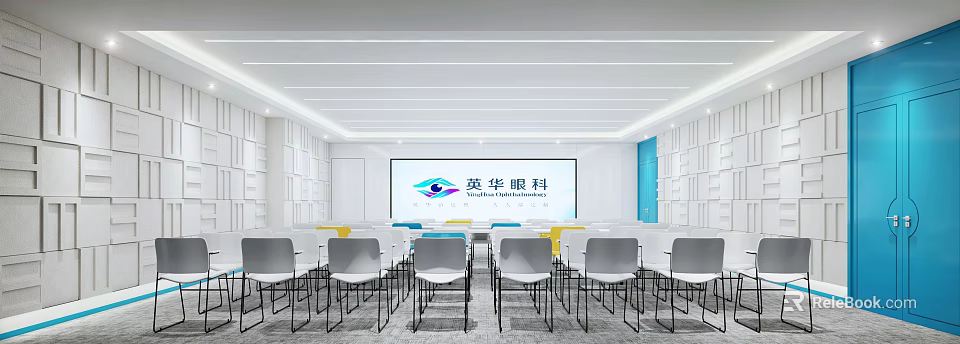 Modern Conference Room With Rows Of Chairs Large Display Screen And Corporate Branding 3d model 