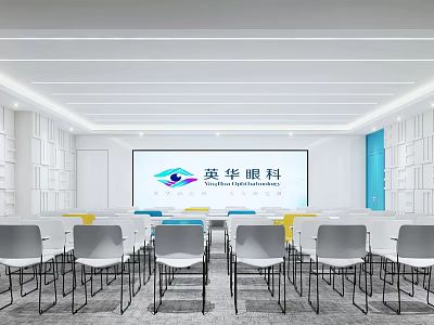 Modern Conference Room With Rows Of Chairs Large Display Screen And Corporate Branding 3d model